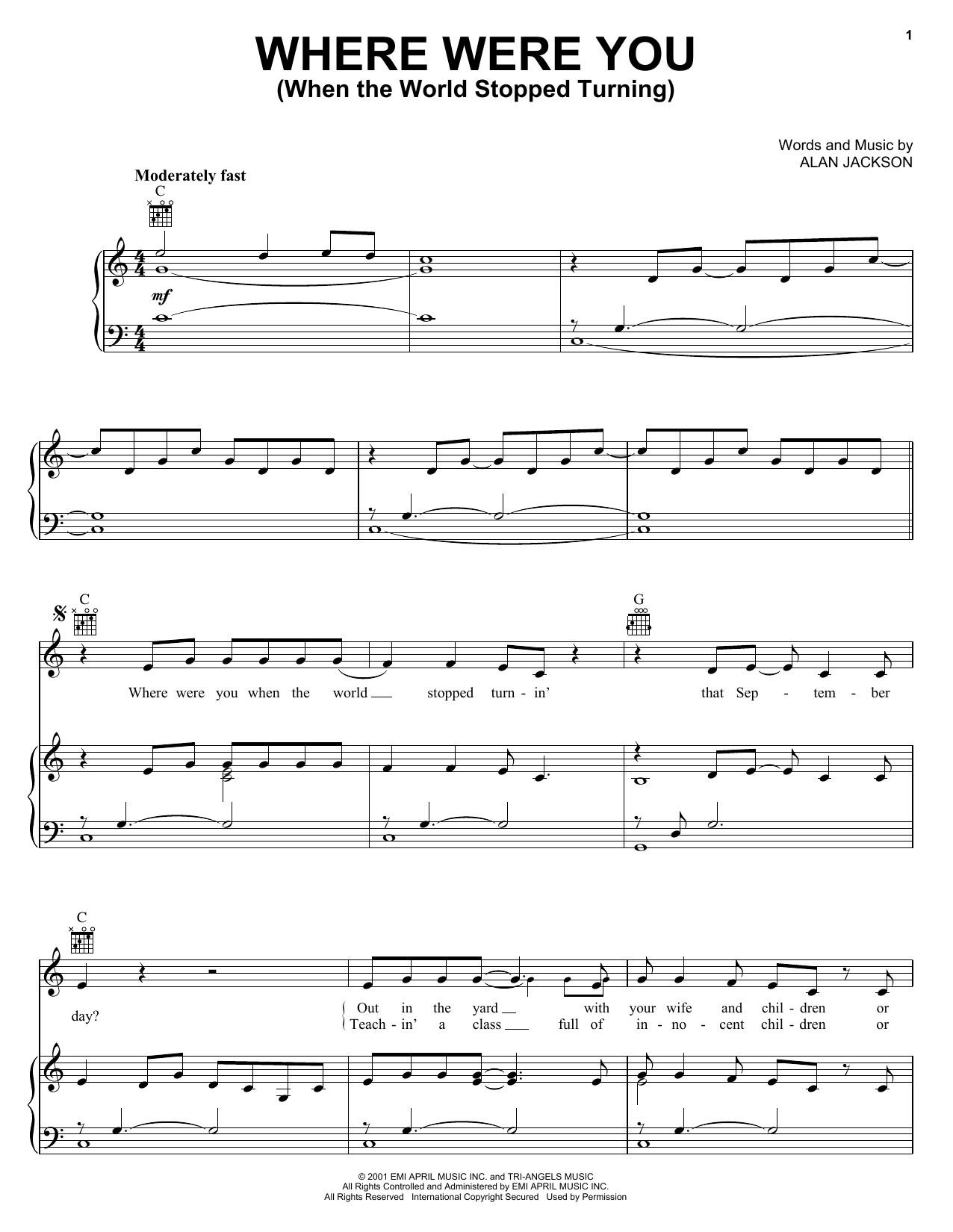Learn to play Alan Jackson Where Were You (When The World Stopped Turning) sheet music for Easy Guitar Tab in minutes. Alan Jackson Where Were You (When The World Stopped Turning) sheet music notes and chords. Download Printable PDF.