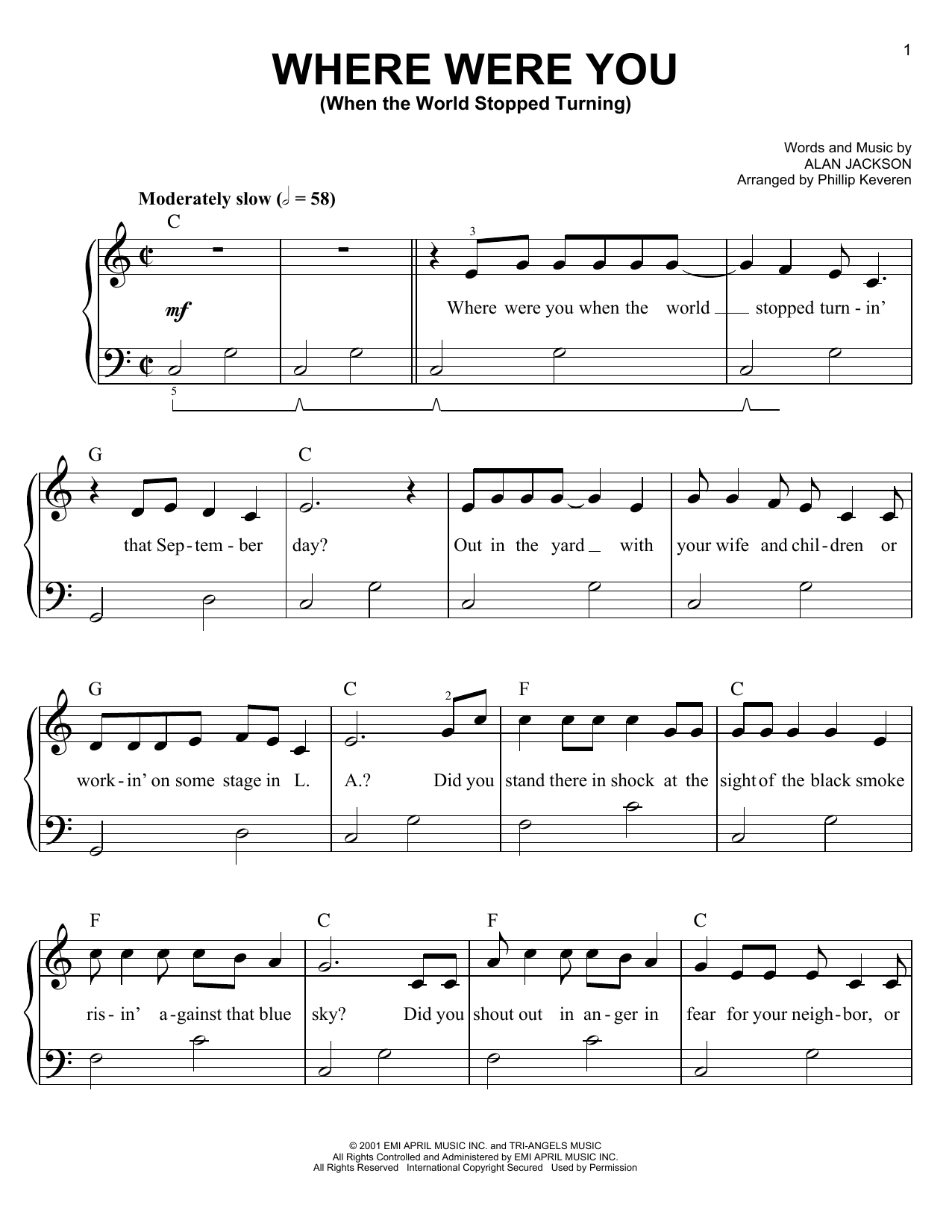 Learn to play Phillip Keveren Where Were You (When The World Stopped Turning) sheet music for Easy Piano in minutes. Price: 6.9900$ Phillip Keveren Where Were You (When The World Stopped Turning) sheet music notes and chords arranged for Easy Piano