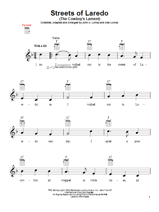Learn to play Alan Lomax Streets Of Laredo (The Cowboy's Lament) sheet music for Ukulele in minutes. Alan Lomax Streets Of Laredo (The Cowboy's Lament) sheet music notes and chords