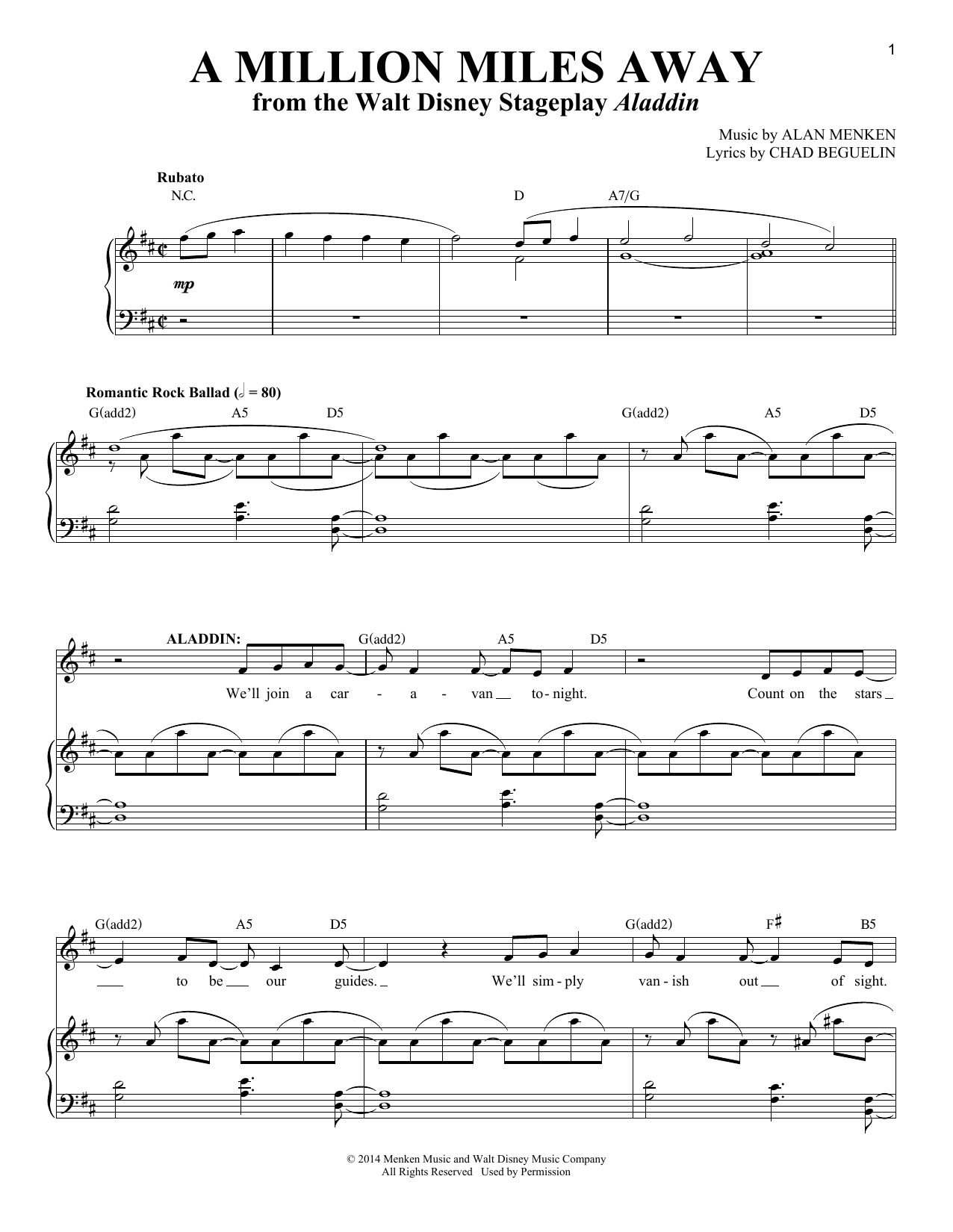 Alan Menken A Million Miles Away sheet music notes and chords. Download Printable PDF.