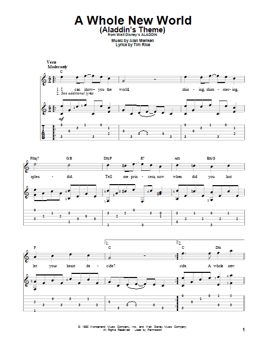 Alan Menken A Whole New World (from Aladdin) sheet music notes and chords. Download Printable PDF.