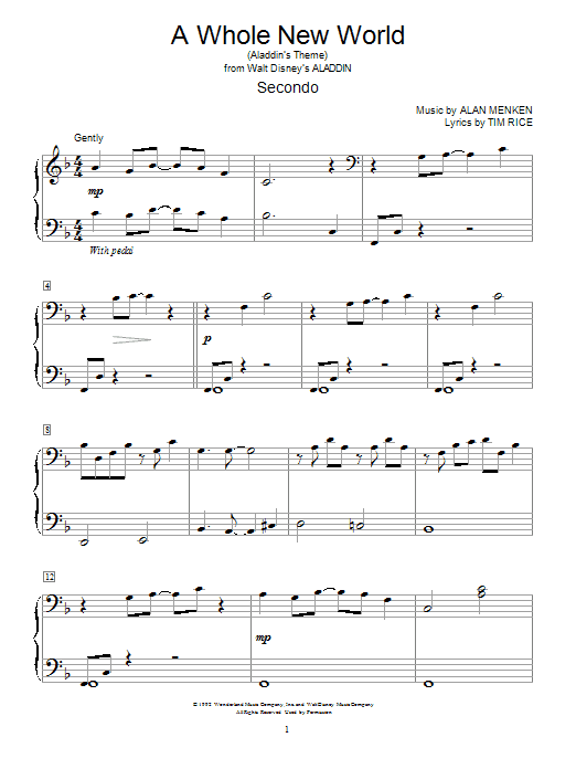Alan Menken A Whole New World From Aladdin Sheet Music Pdf Notes Chords Pop Score Piano Duet Download Printable Sku 31019