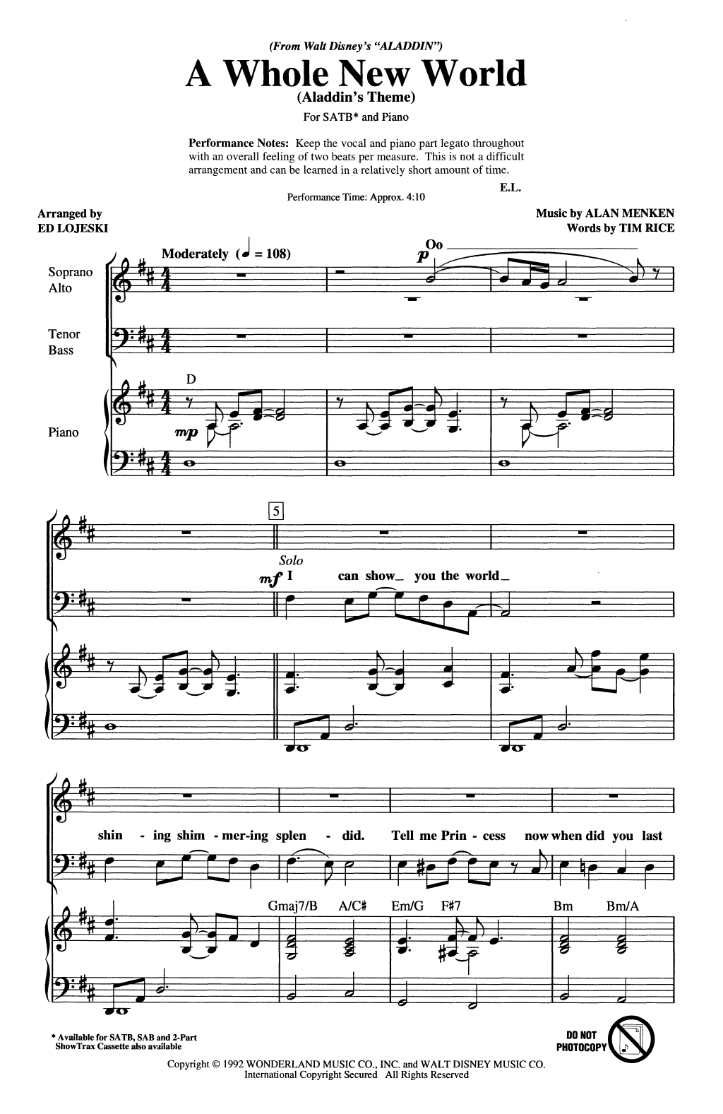 Alan Menken A Whole New World (Aladdin's Theme) (from Disney's Aladdin) (arr. Ed Lojeski) sheet music notes and chords. Download Printable PDF.