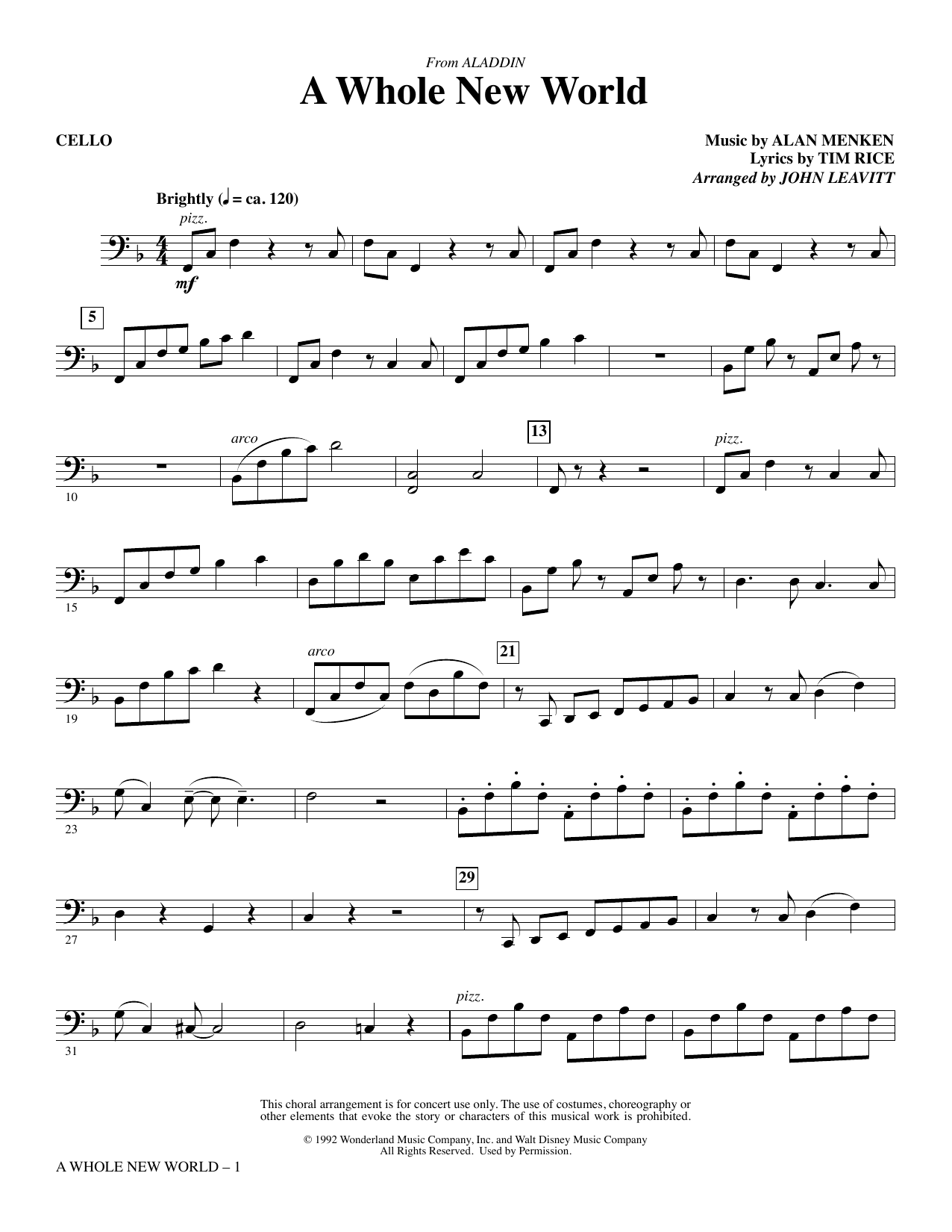 Alan Menken A Whole New World From Aladdin Arr John Leavitt Cello Sheet Music Pdf Notes Chords Children Score Choir Instrumental Pak Download Printable Sku