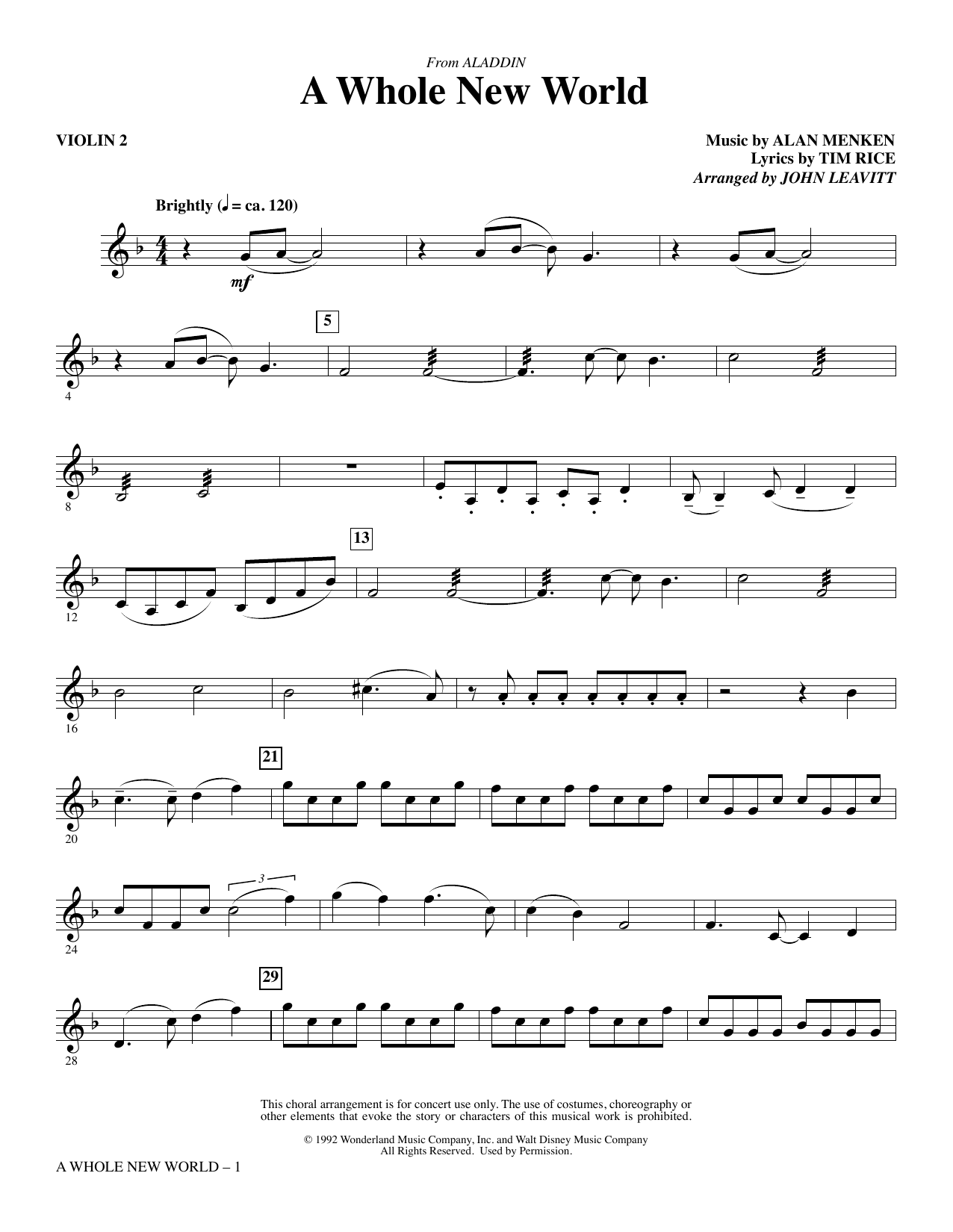 Alan Menken A Whole New World From Aladdin Arr John Leavitt Violin 2 Sheet Music Pdf Notes Chords Children Score Choir Instrumental Pak Download Printable Sku
