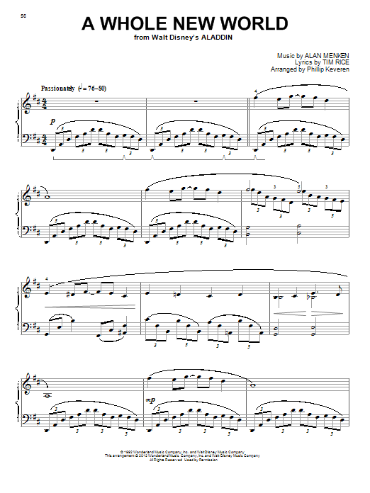 Alan Menken A Whole New World From Aladdin Arr Phillip Keveren Sheet Music Pdf Notes Chords Children Score Easy Piano Download Printable Sku
