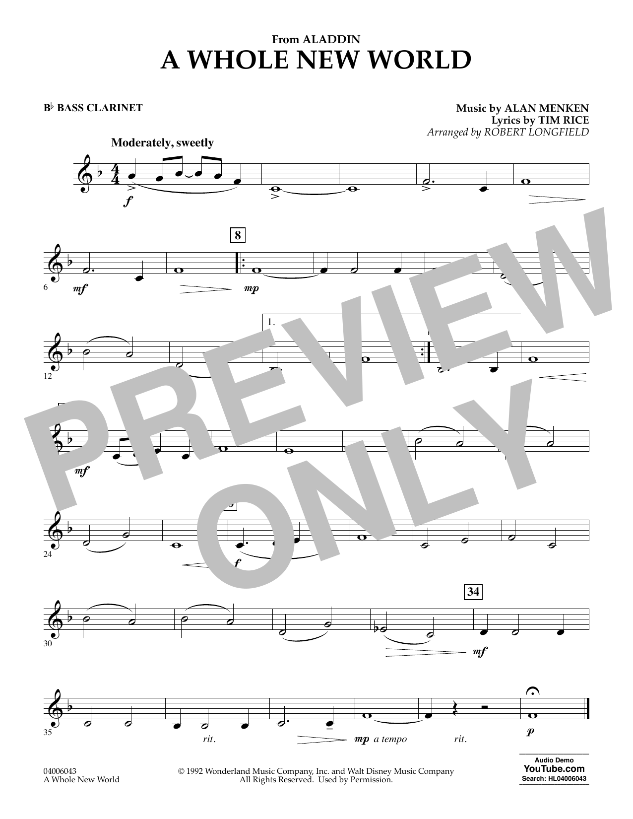 Alan Menken A Whole New World From Aladdin Arr Robert Longfield Bass Clarinet Sheet Music Pdf Notes Chords Children Score Concert Band Download Printable Sku 4132