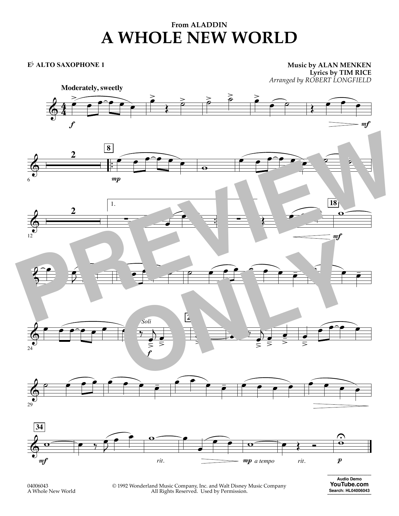 Alan Menken A Whole New World From Aladdin Arr Robert Longfield Eb Alto Saxophone 1 Sheet Music Pdf Notes Chords Children Score Concert Band Download Printable Sku 4133