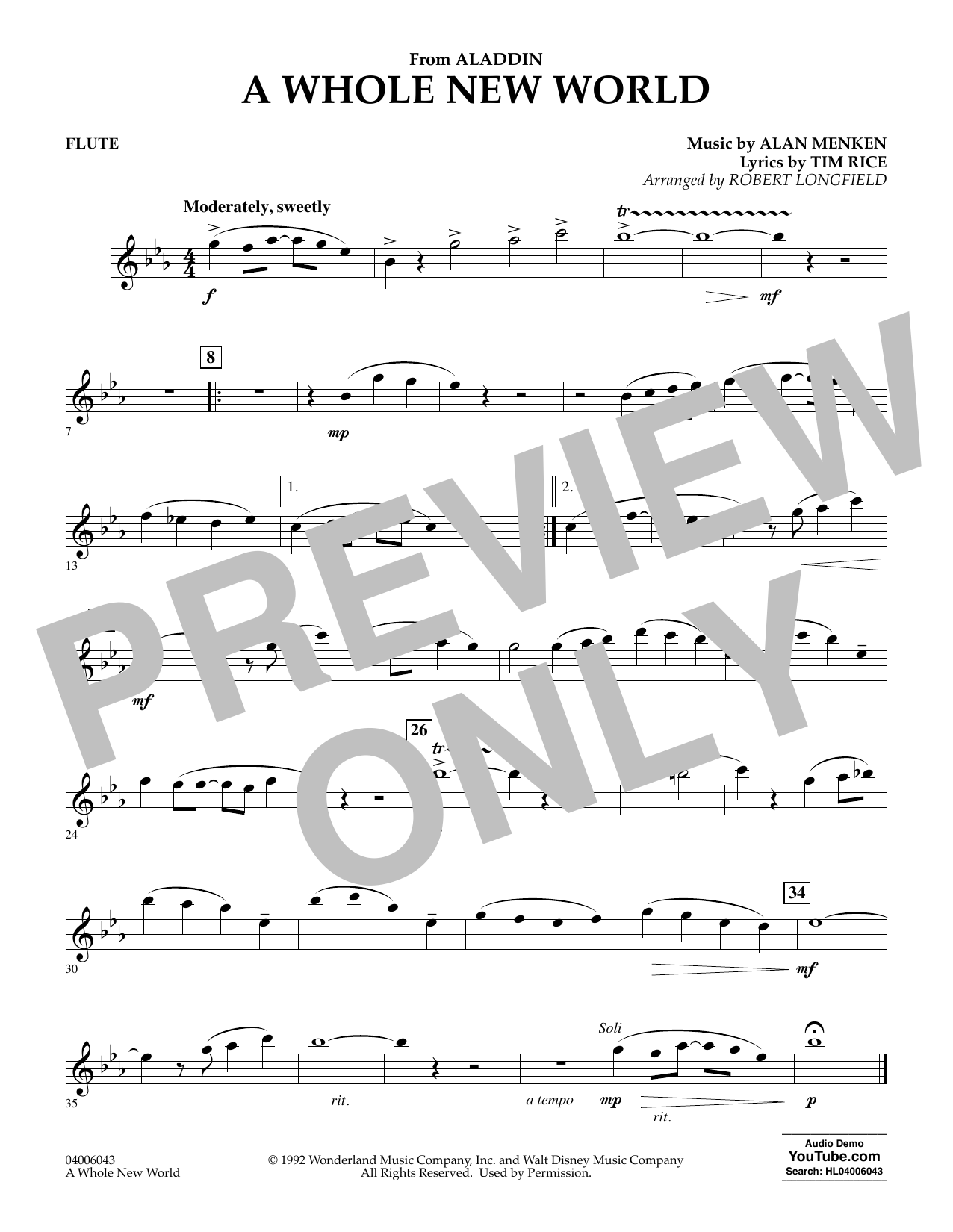 Alan Menken A Whole New World From Aladdin Arr Robert Longfield Flute Sheet Music Pdf Notes Chords Children Score Concert Band Download Printable Sku 418227