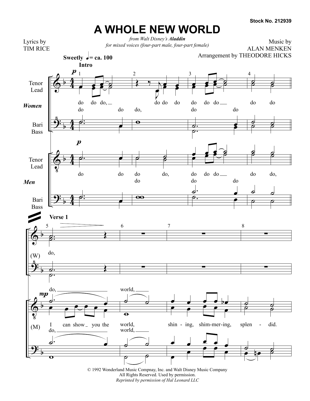 Learn to play Alan Menken A Whole New World (from Aladdin) (arr. Theo Hicks) sheet music for Choir in minutes. Alan Menken A Whole New World (from Aladdin) (arr. Theo Hicks) sheet music notes and chords. Download Printable PDF.