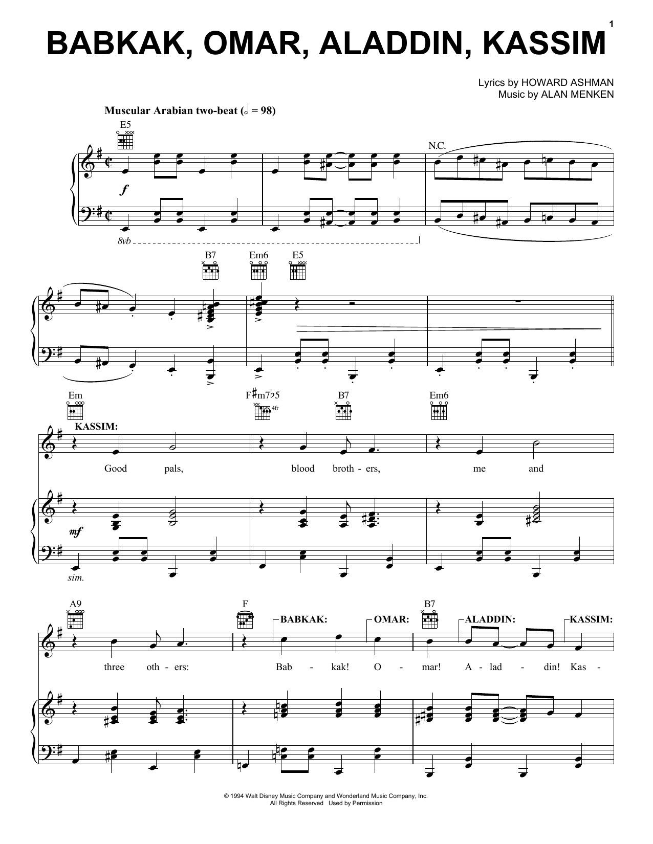 Learn to play Alan Menken Babkak, Omar, Aladdin, Kassim (from Aladdin: The Broadway Musical) sheet music for Easy Piano in minutes. Price: 6.9900$ Alan Menken Babkak, Omar, Aladdin, Kassim (from Aladdin: The Broadway Musical) sheet music notes and chords arranged for Easy Piano