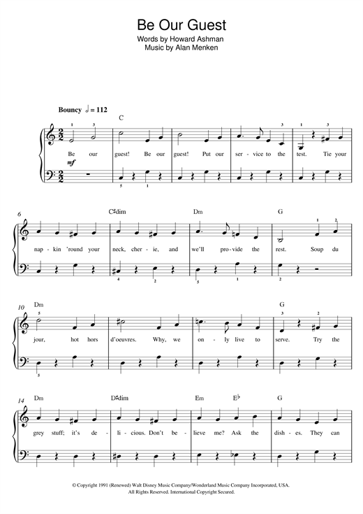 Alan Menken "Be Our Guest (From 'Beauty And The Beast')" Sheet Music Pdf Notes, Chords | Disney Score Beginner Piano Download Printable. Sku: 122487