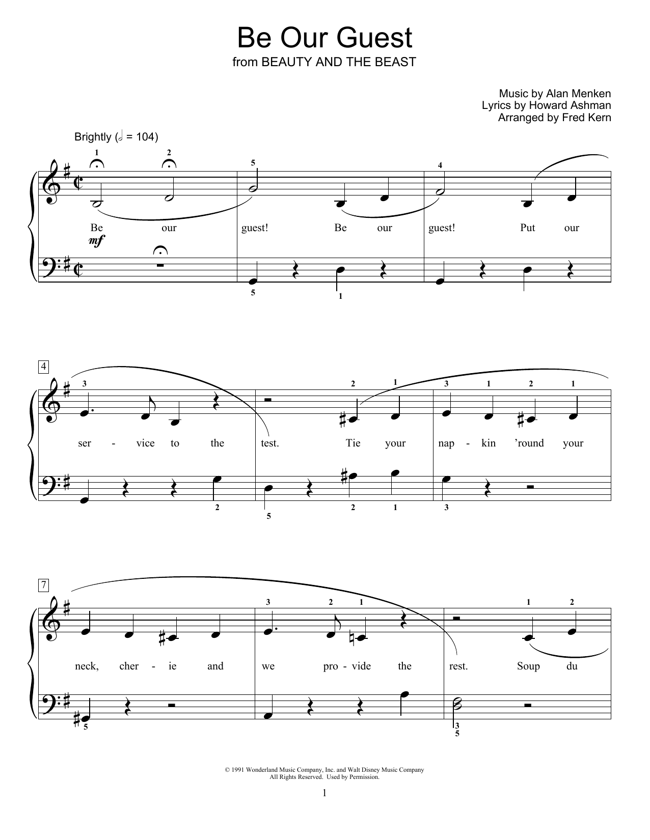 Learn to play Alan Menken Be Our Guest (from Beauty and The Beast) (arr. Fred Kern) sheet music for Educational Piano in minutes. Alan Menken Be Our Guest (from Beauty and The Beast) (arr. Fred Kern) sheet music notes and chords. Download Printable PDF.