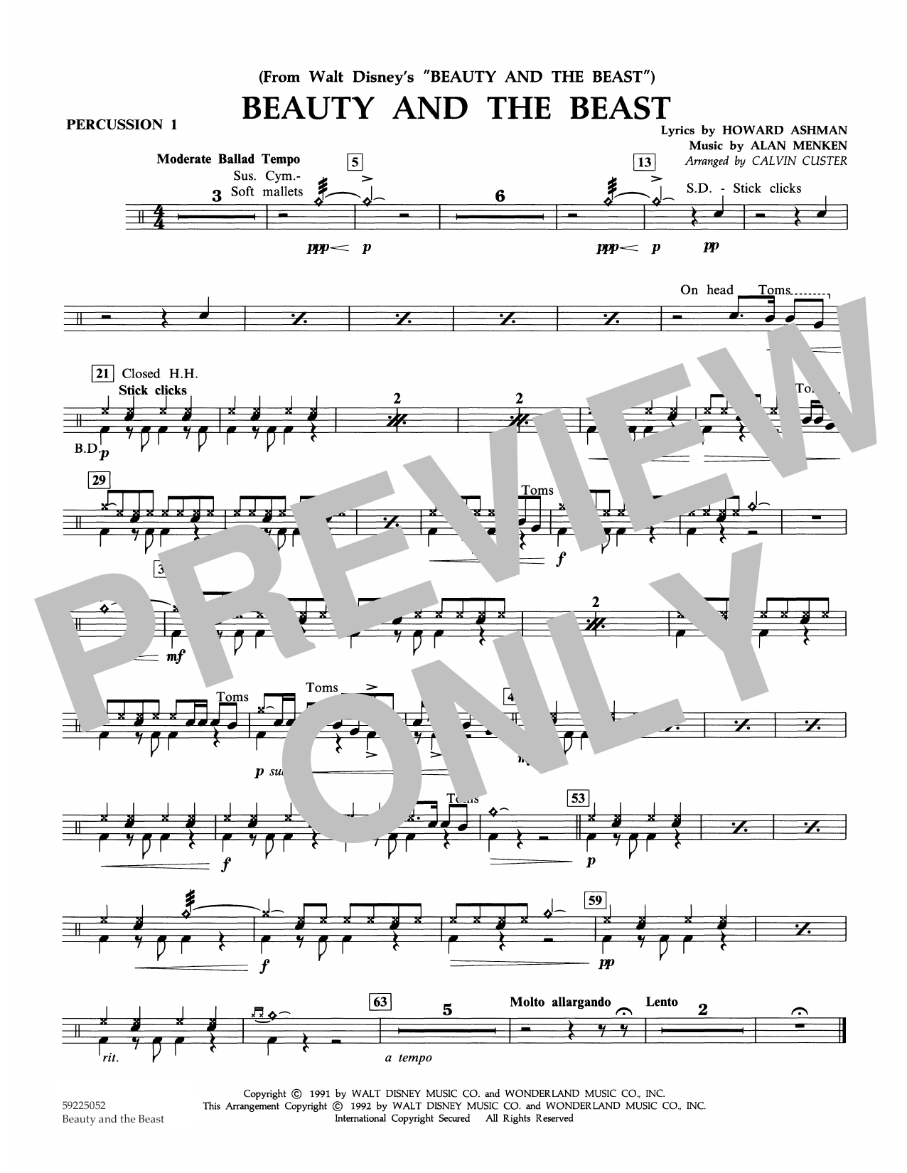 Alan Menken Beauty And The Beast Arr Calvin Custer Percussion 1 Sheet Music Pdf Notes Chords Children Score Orchestra Download Printable Sku 371544