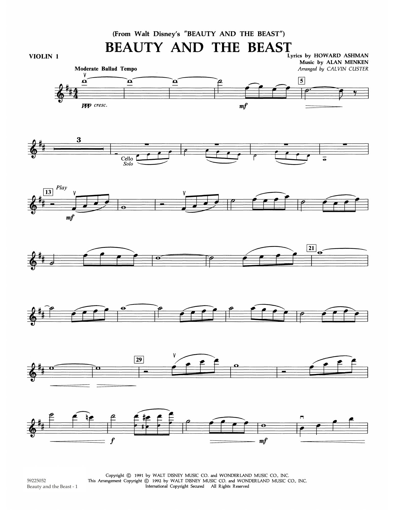 Alan Menken Beauty And The Beast Arr Calvin Custer Violin 1 Sheet Music Pdf Notes Chords Children Score Orchestra Download Printable Sku 371535