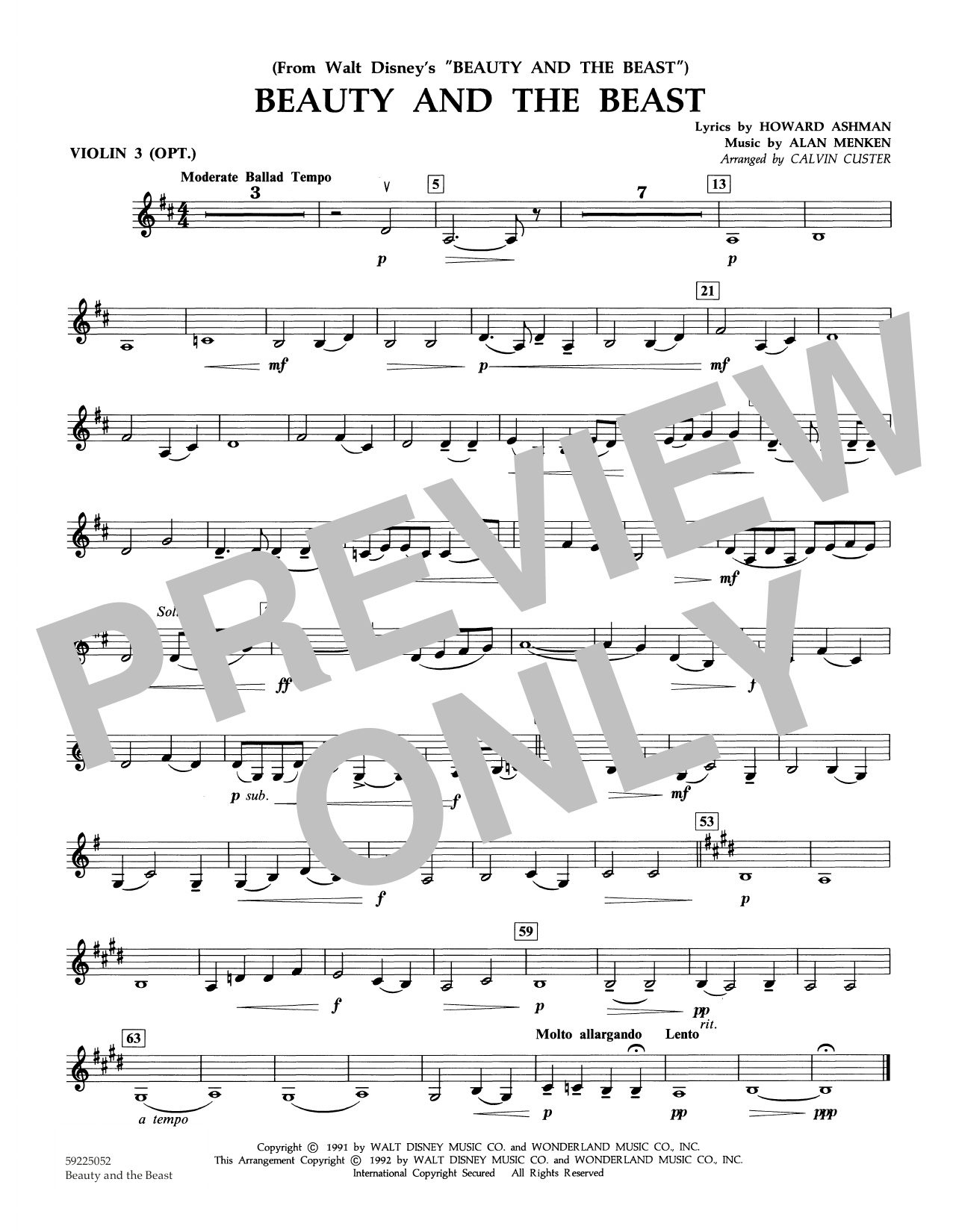 Beauty And The Beast Violin Sheet Music Alan Menken "Beauty and the Beast (arr. Calvin Custer) - Violin 3