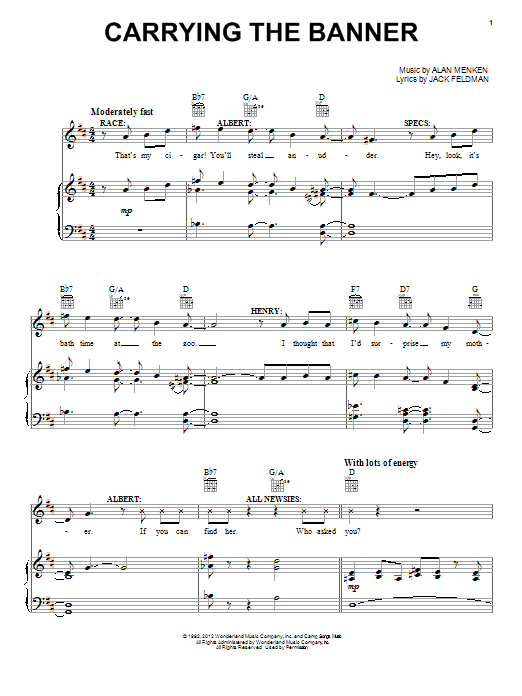 Learn to play Alan Menken Carrying The Banner sheet music for Piano, Vocal & Guitar (Right-Hand Melody) in minutes. Alan Menken Carrying The Banner sheet music notes and chords. Download Printable PDF.