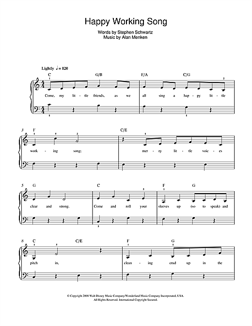 Learn to play Alan Menken Happy Working Song (from Enchanted) sheet music for Beginner Piano in minutes. Price: 6.9900$ Alan Menken Happy Working Song (from Enchanted) sheet music notes and chords. Download Printable PDF.