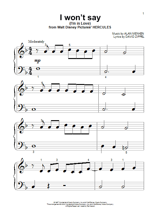 Learn to play Alan Menken I Won't Say (I'm In Love) sheet music for Big Note Piano in minutes. Alan Menken I Won't Say (I'm In Love) sheet music notes and chords. Download Printable PDF.