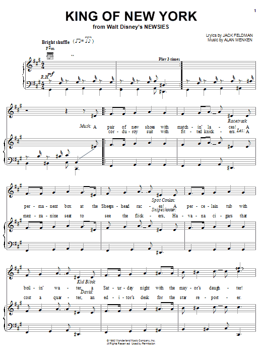Learn to play Alan Menken King Of New York (from Newsies) sheet music for Piano, Vocal & Guitar (Right-Hand Melody) in minutes. Alan Menken King Of New York (from Newsies) sheet music notes and chords