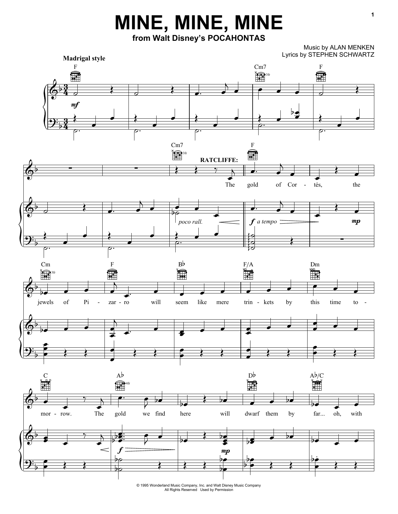 Alan Menken Mine, Mine, Mine sheet music notes and chords. Download Printable PDF.