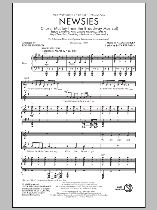 Alan Menken Newsies (Choral Medley) (arr. Roger Emerson) sheet music notes and chords. Download Printable PDF.
