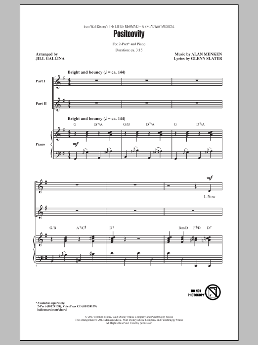 Learn to play Alan Menken Positoovity (arr. Jill Gallina) sheet music for 2-Part Choir in minutes. Alan Menken Positoovity (arr. Jill Gallina) sheet music notes and chords. Download Printable PDF.