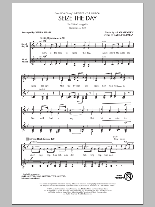 Alan Menken Seize The Day (from Newsies The Musical) (arr. Kirby Shaw) sheet music notes and chords. Download Printable PDF.