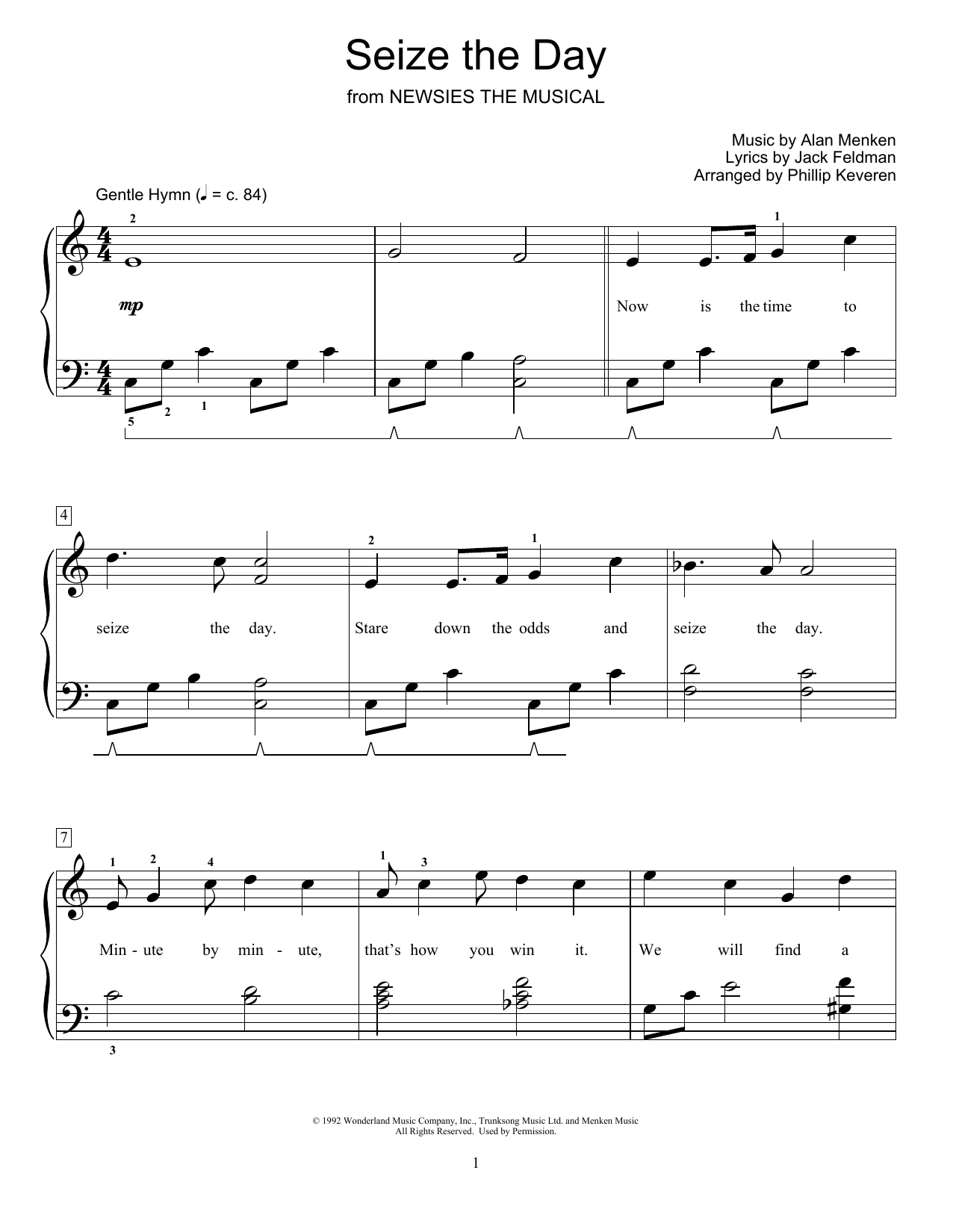 Learn to play Alan Menken Seize The Day (from Newsies The Musical) (arr. Phillip Keveren) sheet music for Educational Piano in minutes. Alan Menken Seize The Day (from Newsies The Musical) (arr. Phillip Keveren) sheet music notes and chords. Download Printable PDF.