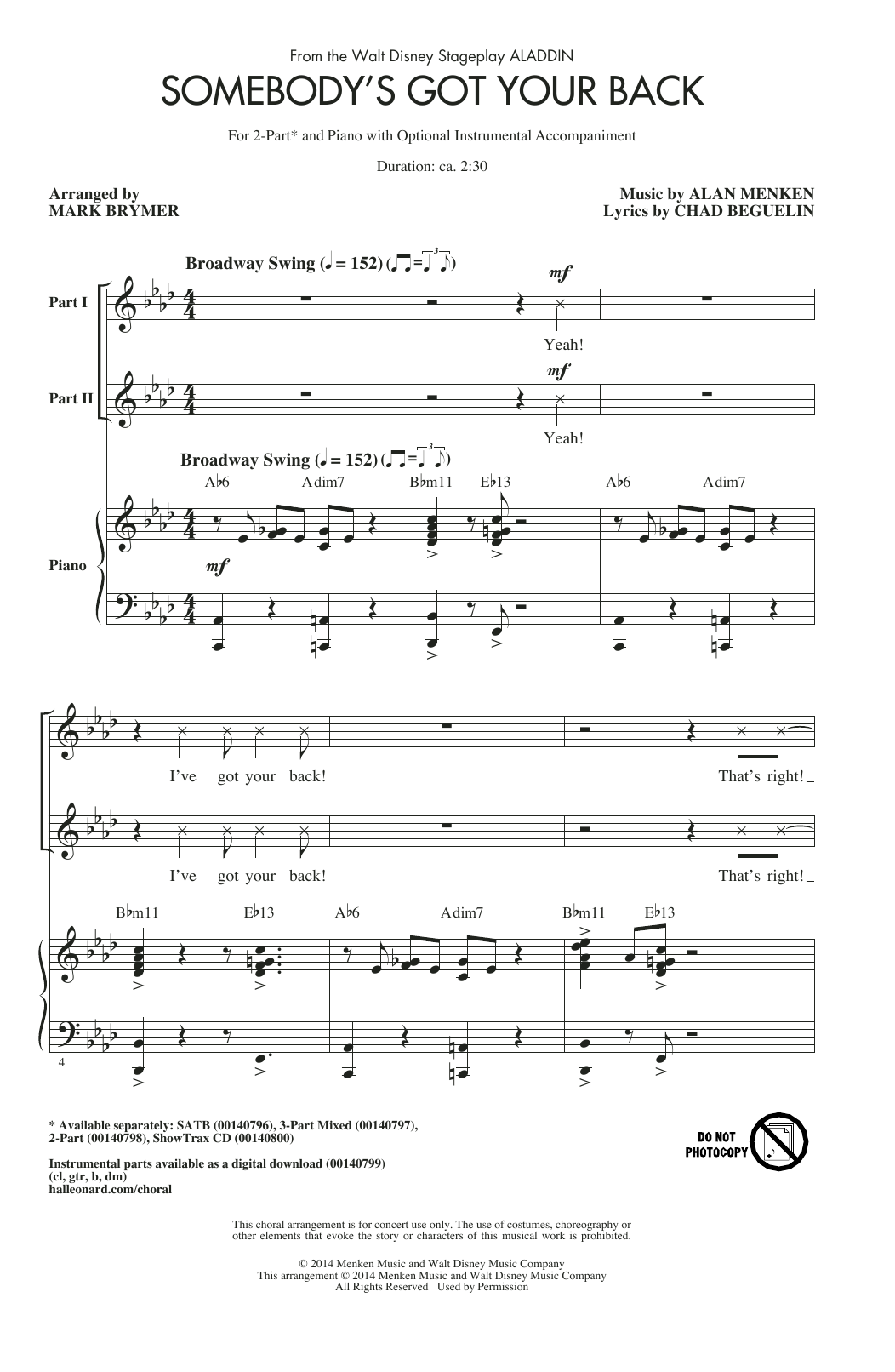 Learn to play Alan Menken Somebody's Got Your Back (arr. Mark Brymer) sheet music for 3-Part Mixed Choir in minutes. Price: 3.9900$ Alan Menken Somebody's Got Your Back (arr. Mark Brymer) sheet music notes and chords. Download Printable PDF.