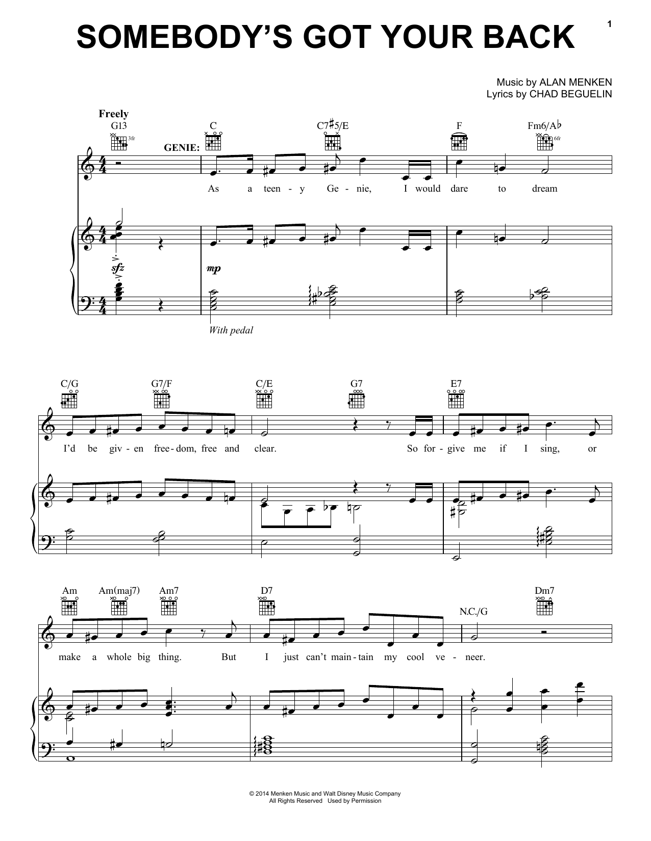 Learn to play Alan Menken Somebody's Got Your Back (from Aladdin: The Broadway Musical) sheet music for Easy Piano in minutes. Price: 6.9900$ Alan Menken Somebody's Got Your Back (from Aladdin: The Broadway Musical) sheet music notes and chords arranged for Easy Piano