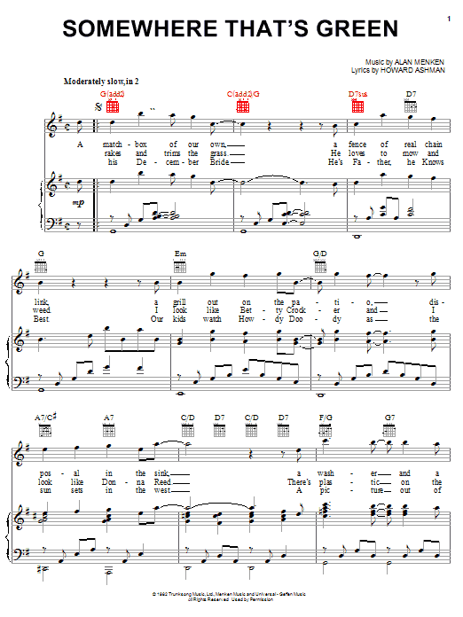 Learn to play Alan Menken Somewhere That's Green sheet music for Piano, Vocal & Guitar (Right-Hand Melody) in minutes. Alan Menken Somewhere That's Green sheet music notes and chords