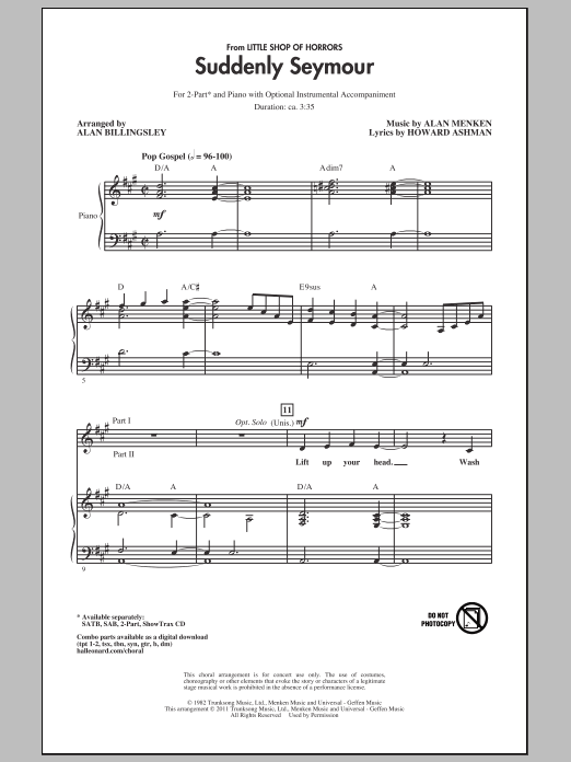 Learn to play Alan Menken Suddenly Seymour (from Little Shop of Horrors) (arr. Alan Billingsley) sheet music for SATB Choir in minutes. Alan Menken Suddenly Seymour (from Little Shop of Horrors) (arr. Alan Billingsley) sheet music notes and chords. Download Printable PDF.
