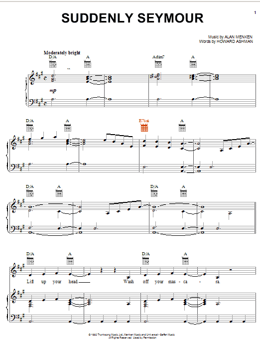 Learn to play Alan Menken Suddenly Seymour (from The Little Shop Of Horrors) sheet music for Piano, Vocal & Guitar (Right-Hand Melody) in minutes. Alan Menken Suddenly Seymour (from The Little Shop Of Horrors) sheet music notes and chords