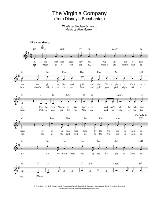 Learn to play Alan Menken The Virginia Company (from Pocahontas) sheet music for Lead Sheet / Fake Book in minutes. Alan Menken The Virginia Company (from Pocahontas) sheet music notes and chords. Download Printable PDF.
