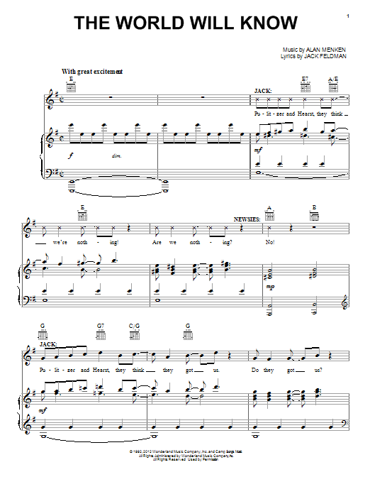 Learn to play Alan Menken The World Will Know sheet music for Piano, Vocal & Guitar (Right-Hand Melody) in minutes. Alan Menken The World Will Know sheet music notes and chords. Download Printable PDF.