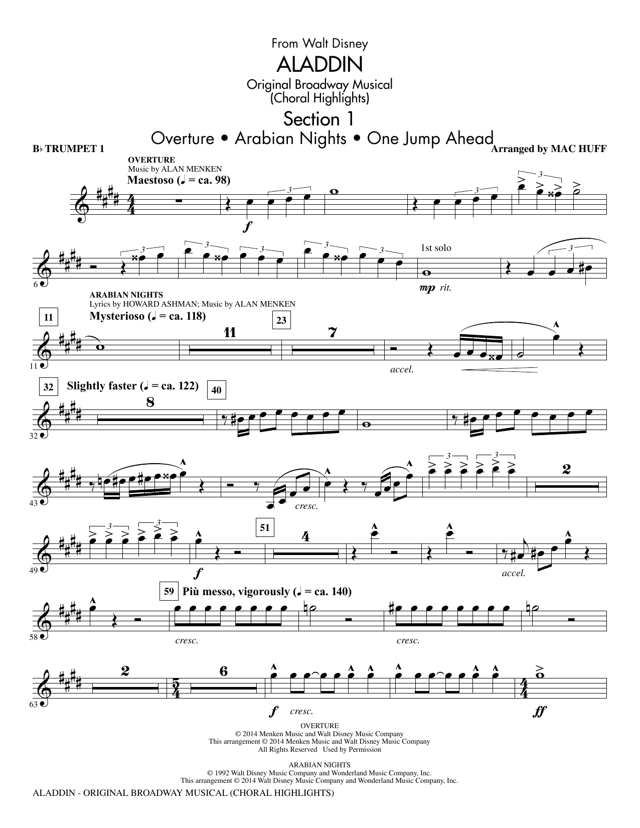Preview Alan Menken & Howard Ashman Aladdin (Choral Highlights) (from Aladdin: The Broadway Musical) (arr. Mac Huff) - Bb Trumpet 1 Children sheet music, notes and chords for Choral Instrumental Pak, SKU: 338483 sheet music, piano notes, chords, guitar tabs, score, transpose, transcribe, how to play, guide, download, learn, tutorial, progression, song, artist, awards, billboard, mtv, vh1, tour, single, album, release