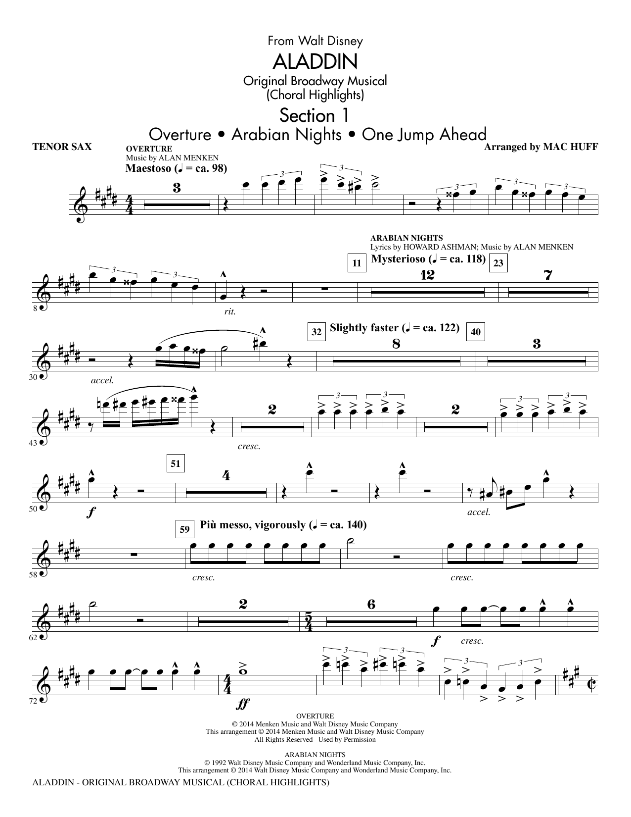 Preview Alan Menken & Howard Ashman Aladdin (Choral Highlights) (from Aladdin: The Broadway Musical) (arr. Mac Huff) - Tenor Saxophone Children sheet music, notes and chords for Choral Instrumental Pak, SKU: 338485 sheet music, piano notes, chords, guitar tabs, score, transpose, transcribe, how to play, guide, download, learn, tutorial, progression, song, artist, awards, billboard, mtv, vh1, tour, single, album, release