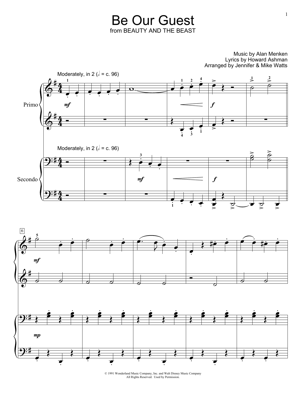 Alan Menken & Howard Ashman Be Our Guest (from Beauty and The Beast) (arr. Jennifer & Mike Watts) sheet music notes and chords. Download Printable PDF.