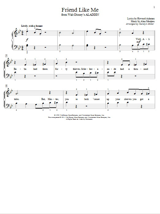 Learn to play Alan Menken Friend Like Me (from Aladdin) (arr. Carolyn Miller) sheet music for Educational Piano in minutes. Price: 6.9900$ Alan Menken Friend Like Me (from Aladdin) (arr. Carolyn Miller) sheet music notes and chords arranged for Educational Piano