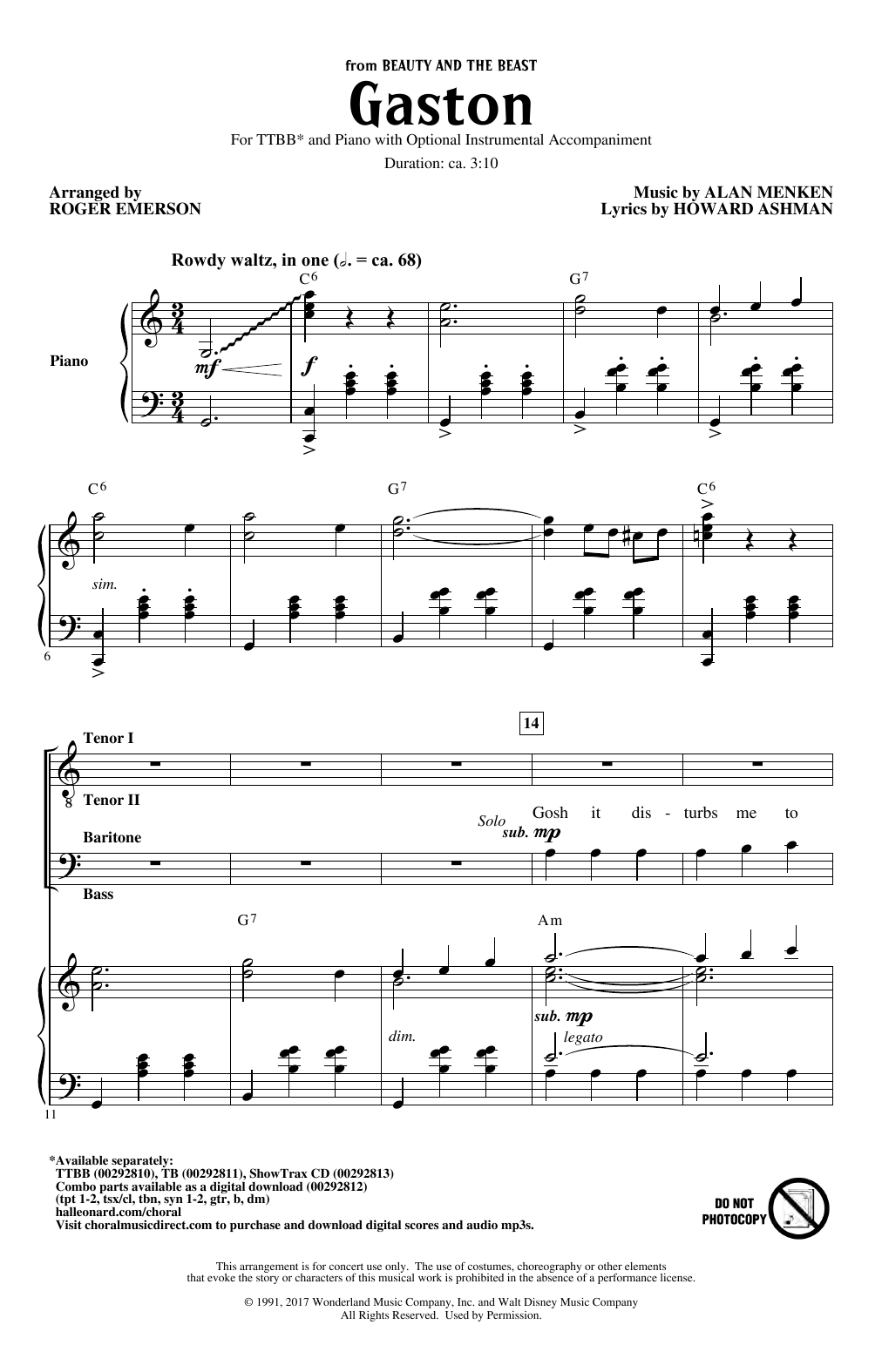 Learn to play Alan Menken Gaston (from Beauty and The Beast) (arr. Roger Emerson) sheet music for TTBB Choir in minutes. Price: 3.9900$ Alan Menken Gaston (from Beauty and The Beast) (arr. Roger Emerson) sheet music notes and chords arranged for TTBB Choir