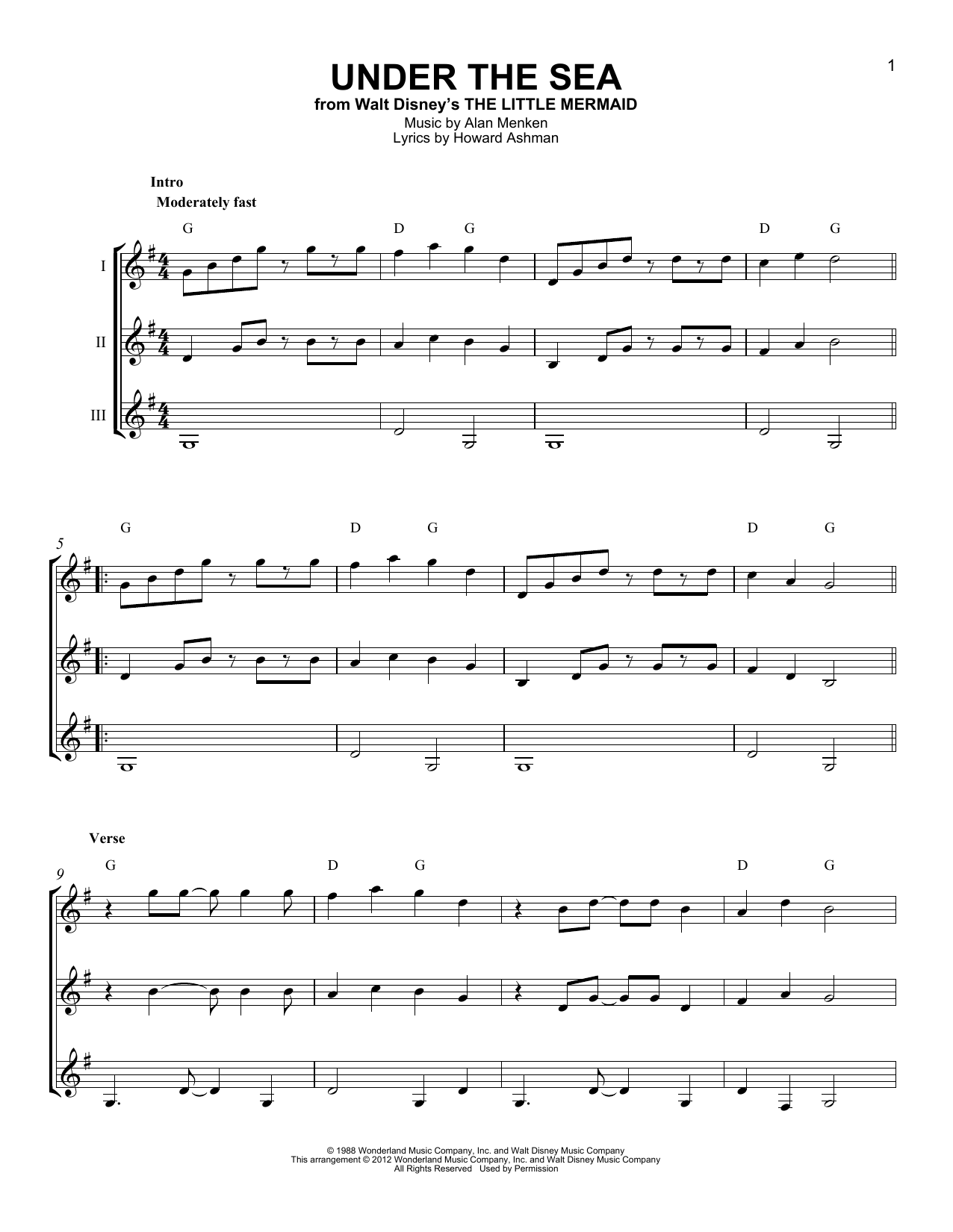 Alan Menken Howard Ashman Under The Sea From The Little Mermaid Sheet Music Pdf Notes Chords Children Score Guitar Ensemble Download Printable Sku