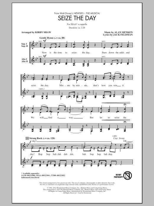 Learn to play Alan Menken Seize The Day (from Newsies The Musical) (arr. Kirby Shaw) sheet music for TTBB Choir in minutes. Price: 3.9900$ Alan Menken Seize The Day (from Newsies The Musical) (arr. Kirby Shaw) sheet music notes and chords arranged for TTBB Choir