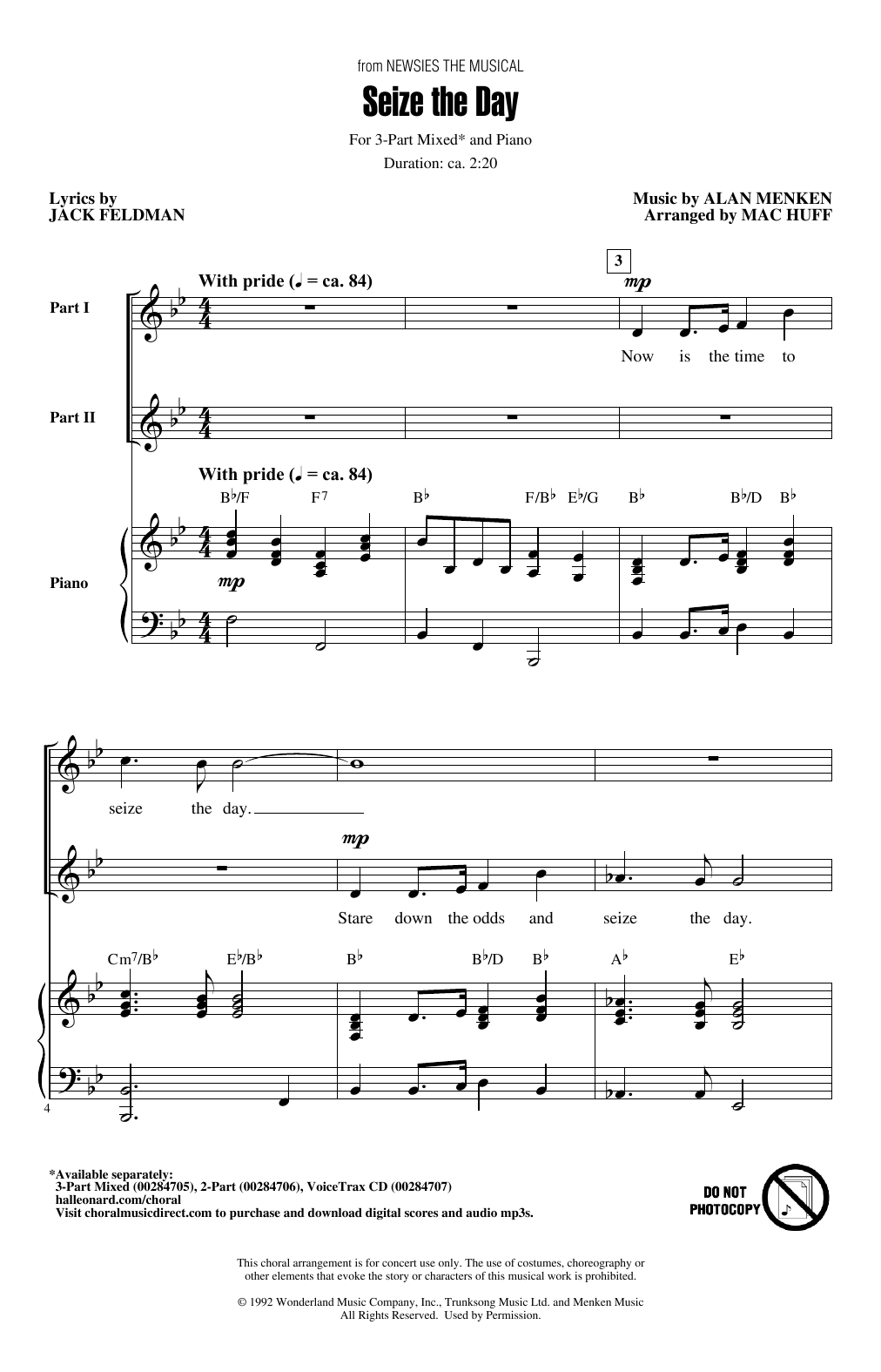 Learn to play Alan Menken Seize The Day (from Newsies The Musical) (arr. Mac Huff) sheet music for 3-Part Mixed Choir in minutes. Price: 3.9900$ Alan Menken Seize The Day (from Newsies The Musical) (arr. Mac Huff) sheet music notes and chords arranged for 3-Part Mixed Choir