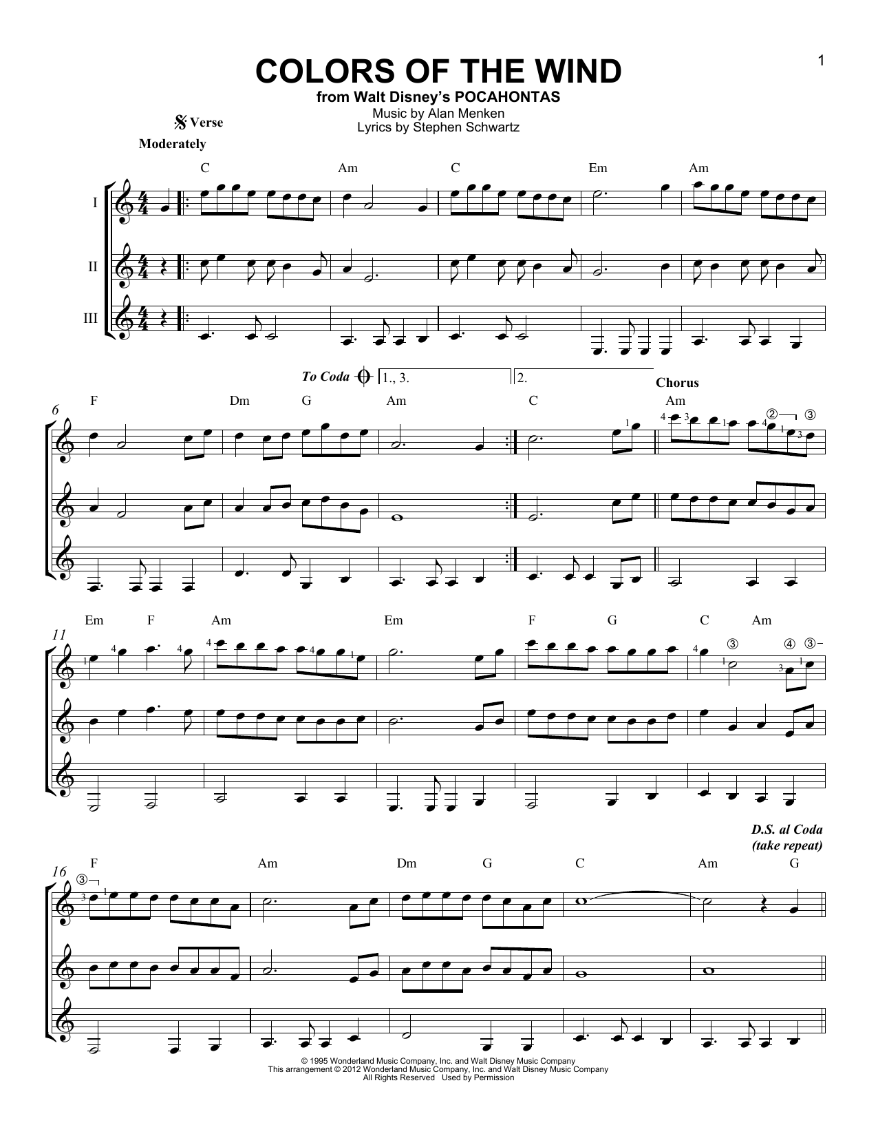 Alan Menken & Stephen Schwartz Colors Of The Wind sheet music notes and chords. Download Printable PDF.