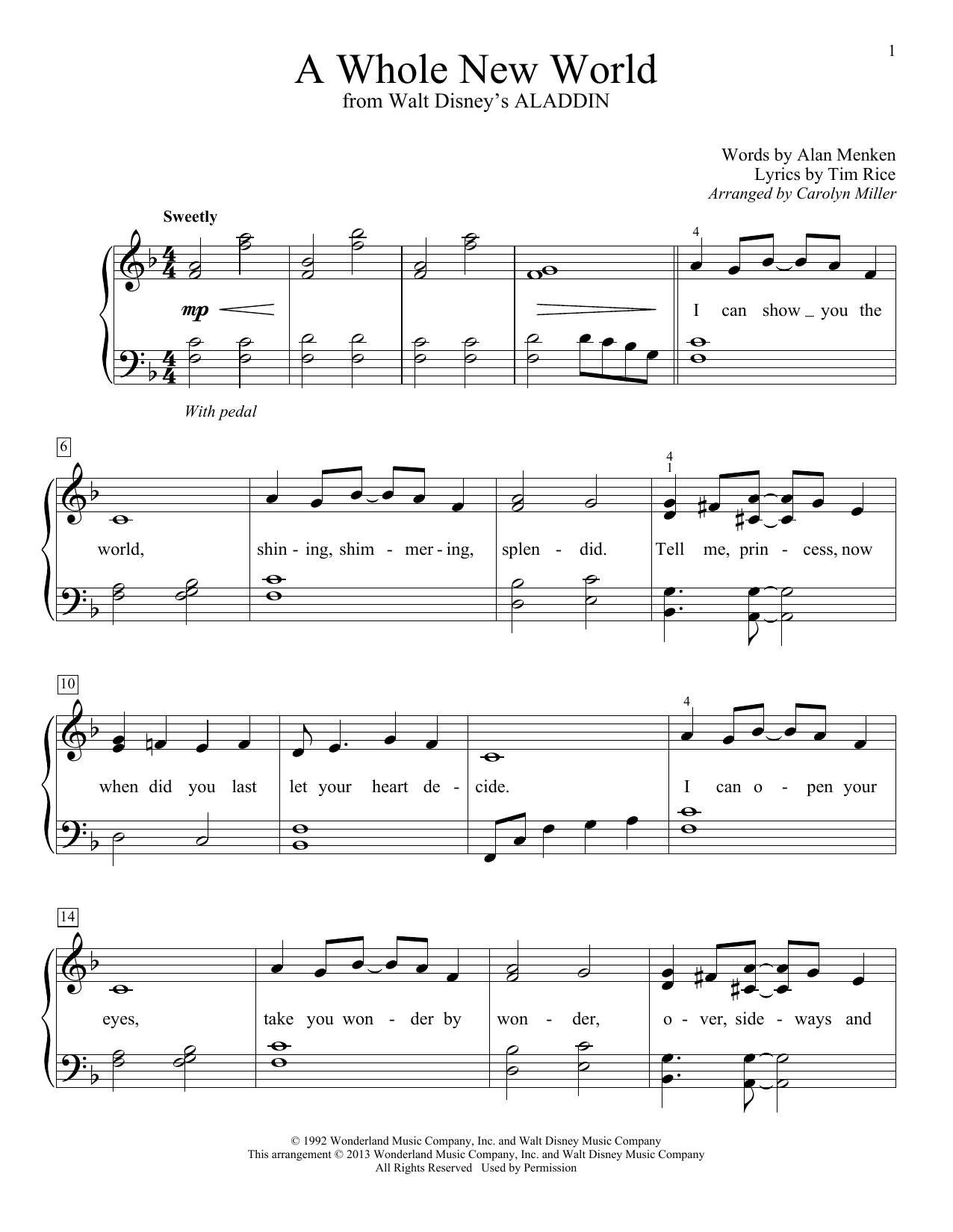 Learn to play Carolyn Miller A Whole New World (from Aladdin) sheet music for Educational Piano in minutes. Price: 6.9900$ Carolyn Miller A Whole New World (from Aladdin) sheet music notes and chords arranged for Educational Piano