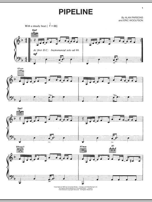 Alan Parsons Project Pipeline sheet music notes and chords. Download Printable PDF.