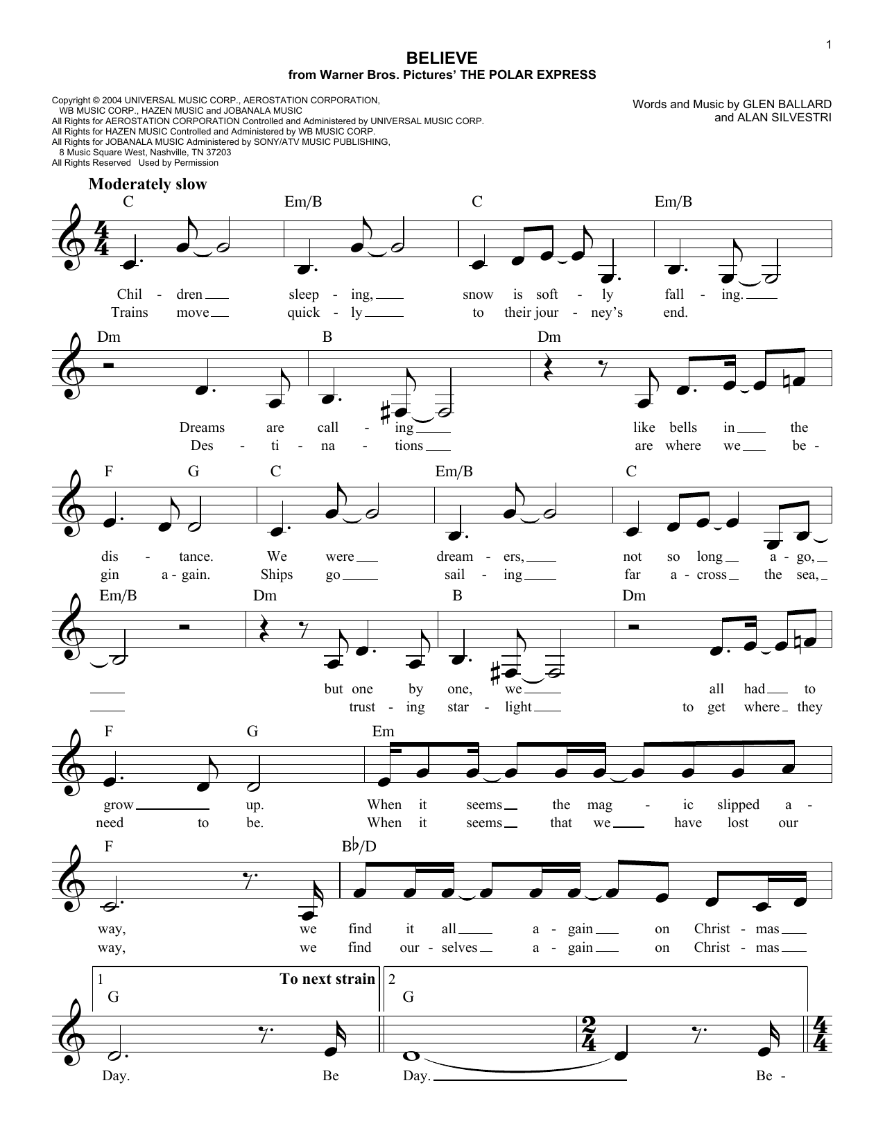 Alan Silvestri Believe sheet music notes and chords. Download Printable PDF.