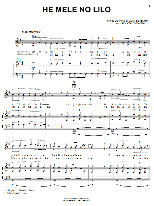 Preview Alan Silvestri He Mele No Lilo Children sheet music, notes and chords for Piano, Vocal & Guitar (Right-Hand Melody), SKU: 20454 sheet music, piano notes, chords, guitar tabs, score, transpose, transcribe, how to play, guide, download, learn, tutorial, progression, song, artist, awards, billboard, mtv, vh1, tour, single, album, release