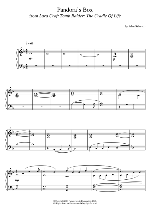 Learn to play Alan Silvestri Lara Croft Tomb Raider: The Cradle Of Life (Pandora's Box) sheet music for Piano Solo in minutes. Price: 7.8900$ Alan Silvestri Lara Croft Tomb Raider: The Cradle Of Life (Pandora's Box) sheet music notes and chords. Download Printable PDF.